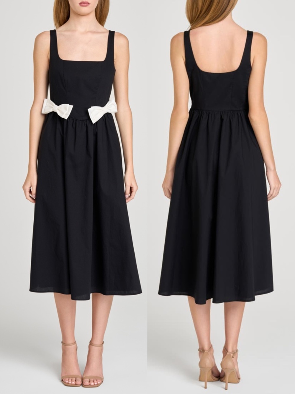 NEW WAYF Black POPLIN Lizzy WHITE BOW Trim SQUARE NECK A-Line MIDI DRESS M